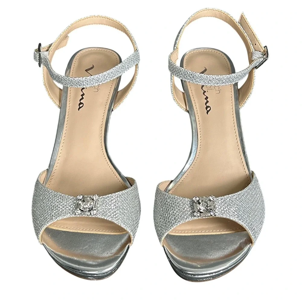 Nina Najia Silver Glitter Ankle Strap Heeled Sandals 7.5W Crystal Buckle Formal‎